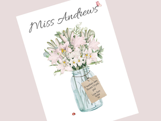 Personalised Teacher Thank You Print with Flower Bouquet | Custom End of Term Gifts from Student | Unique Teacher Appreciation Gift