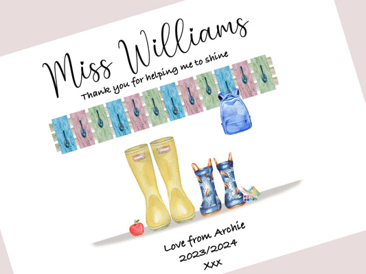 Personalised Teacher Thank You Print | Custom Welly Boots Design | End of Term Nursery Gift | Teacher Appreciation Wall Art