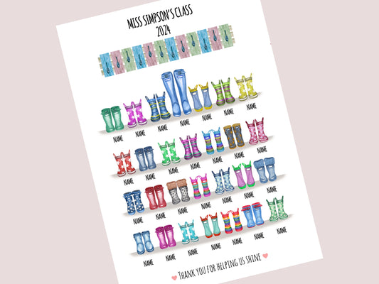 Personalised Teacher Gift | Custom Class Welly Boot Print with Student Names