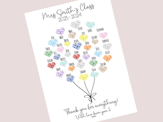 Personalised Teacher Gift Print | Class Names Heart Balloon | End of Term Thank You Keepsake from Students