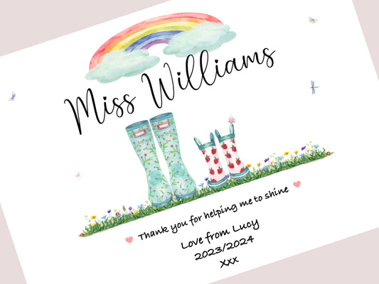 Personalised Teacher Thank You Print | Custom Welly Boots Design | End of Term Nursery Gift | Teacher Appreciation Wall Art