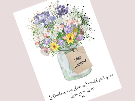 Personalised Teacher Thank You Print with Flower Bouquet | Custom End of Term Gifts from Student | Unique Teacher Appreciation Gift