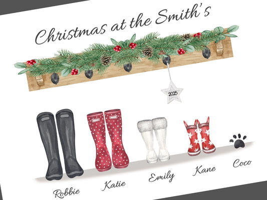 Personalised Christmas Family Welly Print, Christmas Gift for Family, Festive Family Decoration, First Christmas in New Home, Custom Artwork