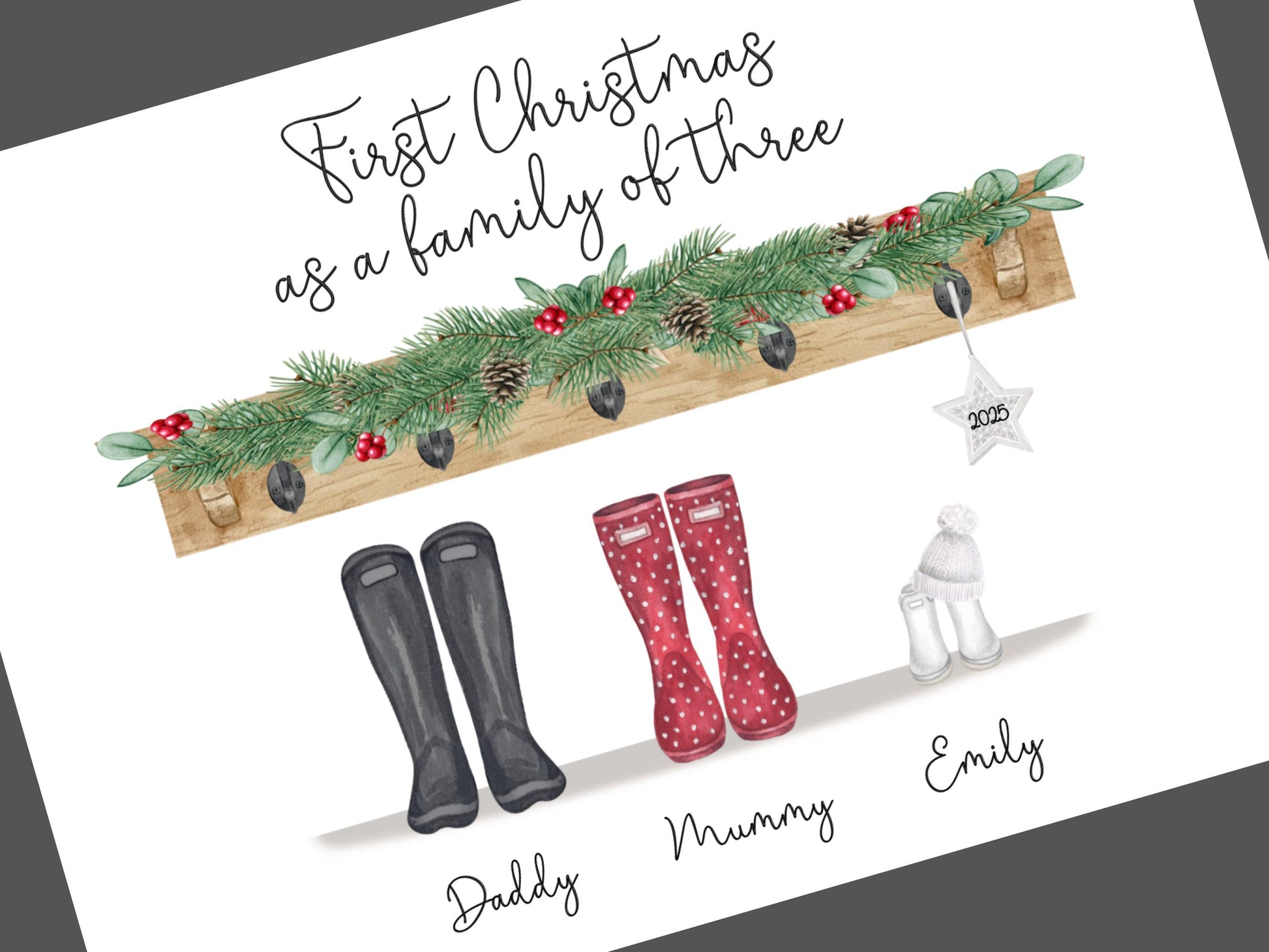 Family Christmas Print, First Christmas as a Family of Three, Personalised Welly Boot Print, Family Christmas Decoration