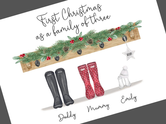 Family Christmas Print, First Christmas as a Family of Three, Personalised Welly Boot Print, Family Christmas Decoration