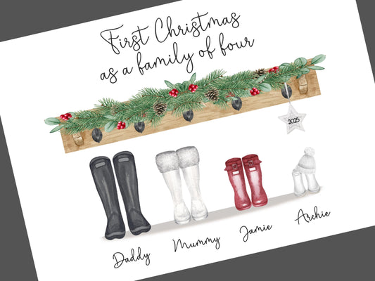 Family Christmas Print, First Christmas as a Family of Four, Personalised Welly Boot Print, Family Christmas Decoration