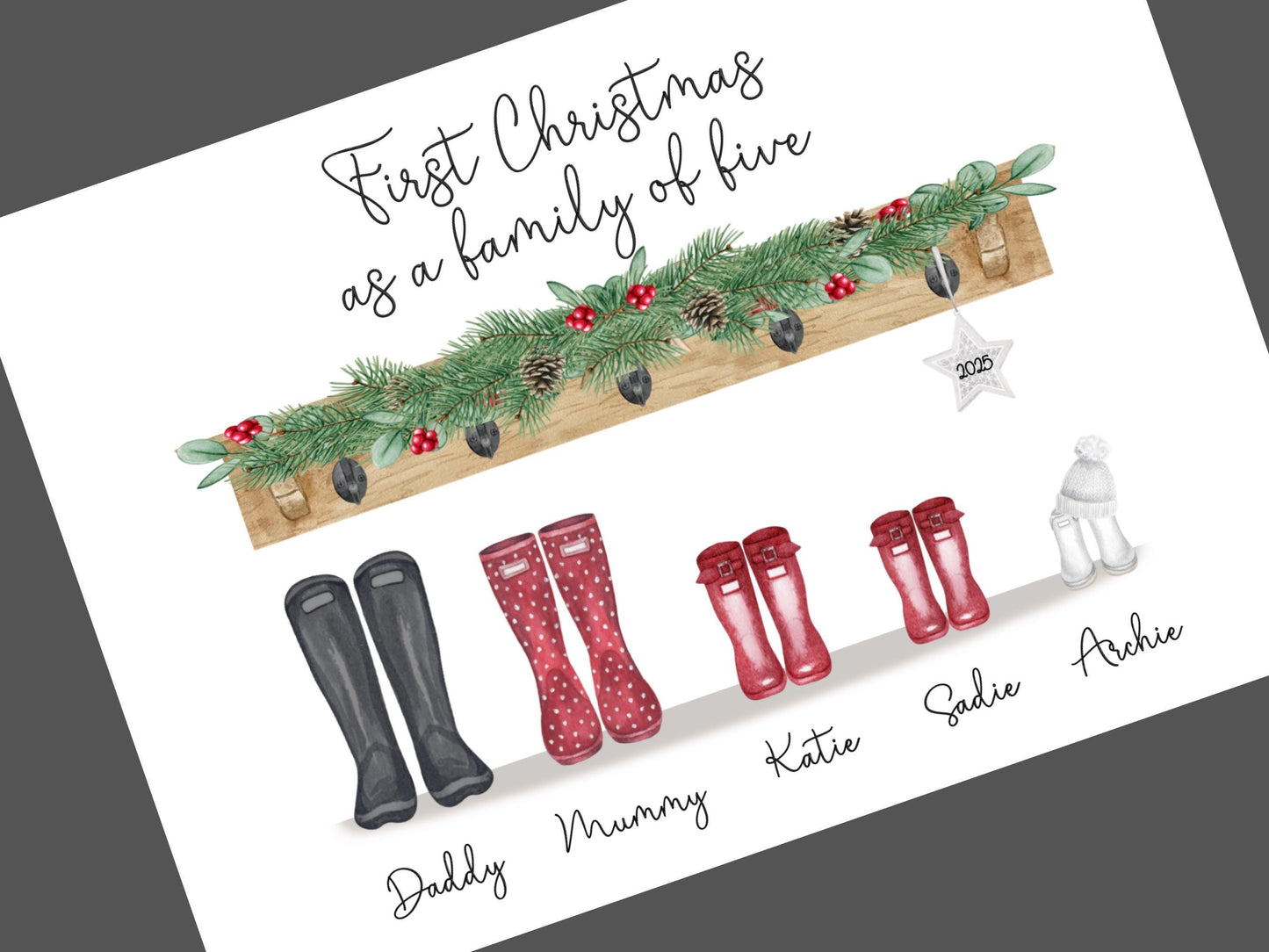 Family Christmas Print, First Christmas as a Family of Five, Personalised Welly Boot Print, Family Christmas Decoration