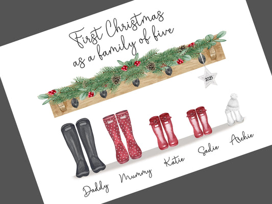 Family Christmas Print, First Christmas as a Family of Five, Personalised Welly Boot Print, Family Christmas Decoration