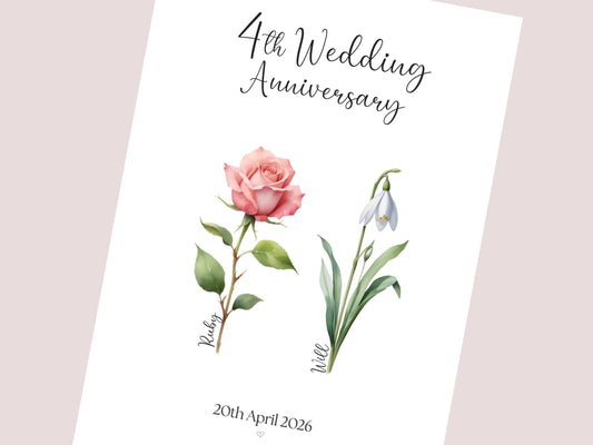 4th Wedding Anniversary Gifts | Personalised Birth Flower Wall Art Print | A4, A5, Digital PDF