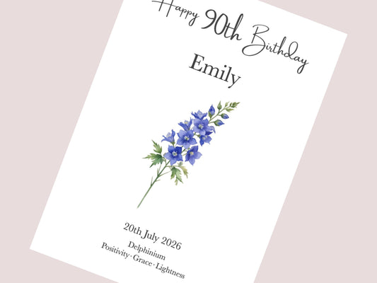 90th Birthday Gifts for Her | Personalised Birth Flower Print | Watercolour Illustration | A4, A5, Digital PDF