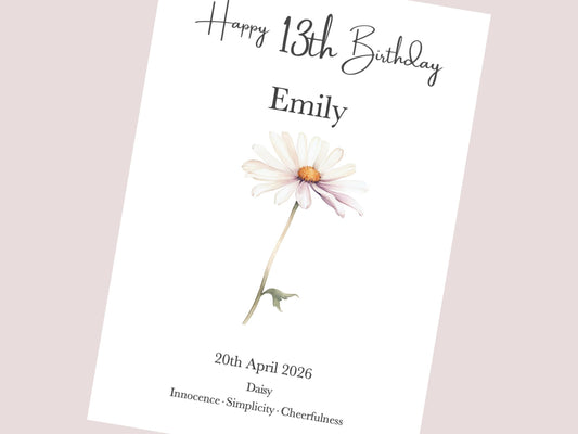 13th Birthday Gifts for Girl | Personalised Birth Flower Art Print | Watercolour Illustration | A4, A5, Digital PDF