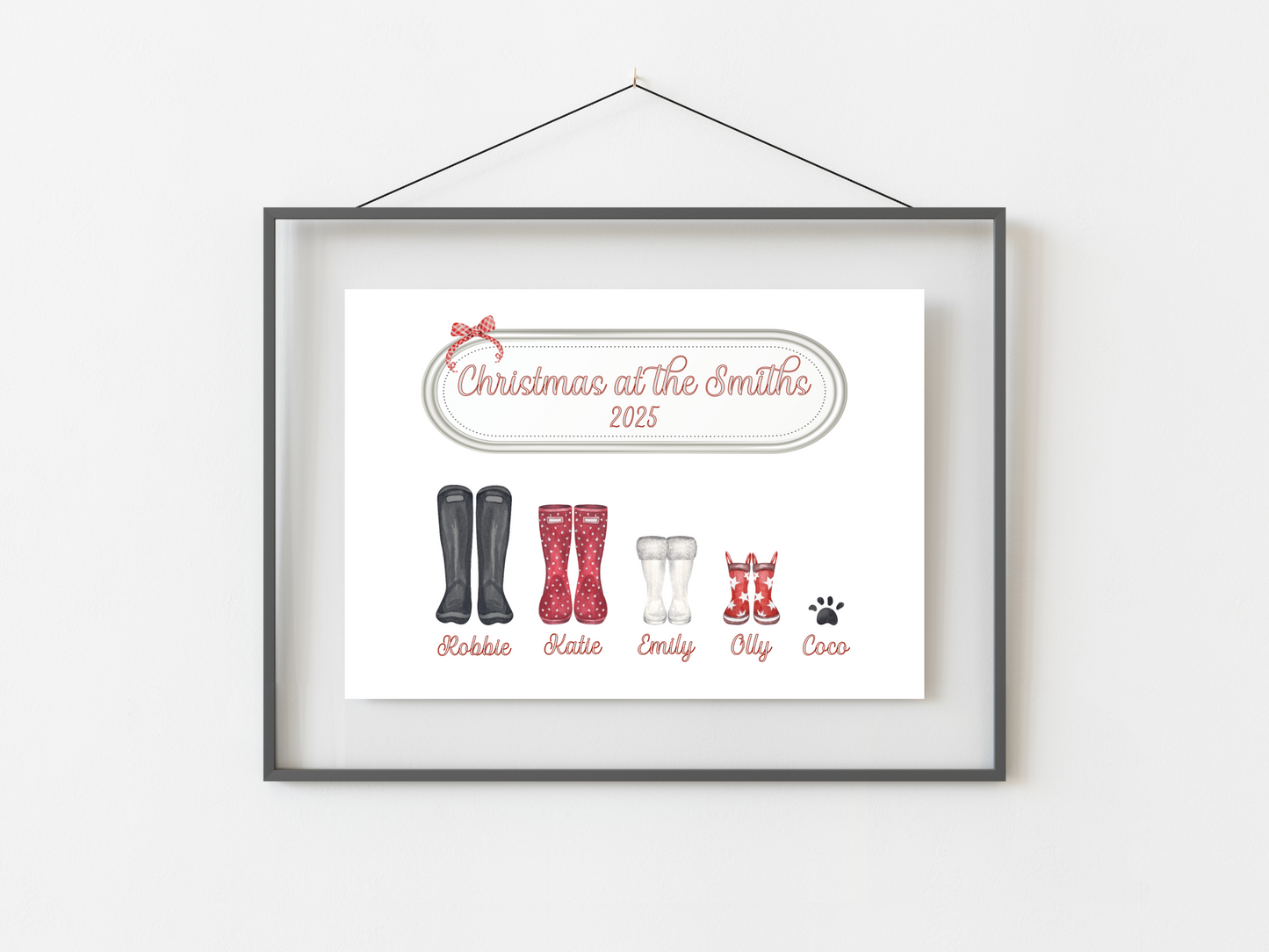 Personalised Christmas Family Welly Boot Print | Oval Nameplate Design