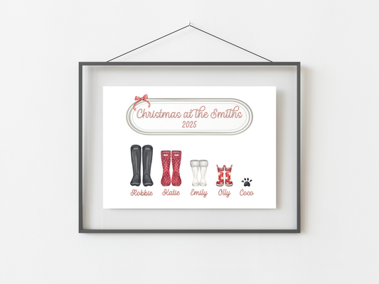 Personalised Christmas Family Welly Boot Print | Oval Nameplate Design