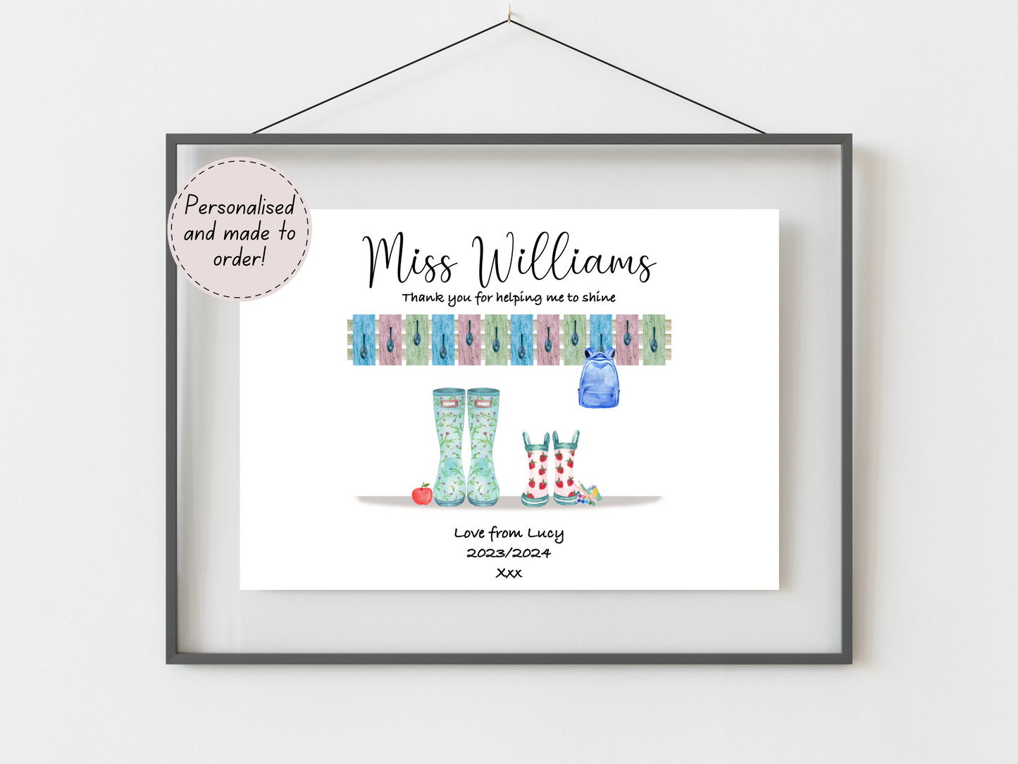 Personalised Teacher Thank You Print | Custom Welly Boots Design | End of Term Nursery Gift | Teacher Appreciation Wall Art