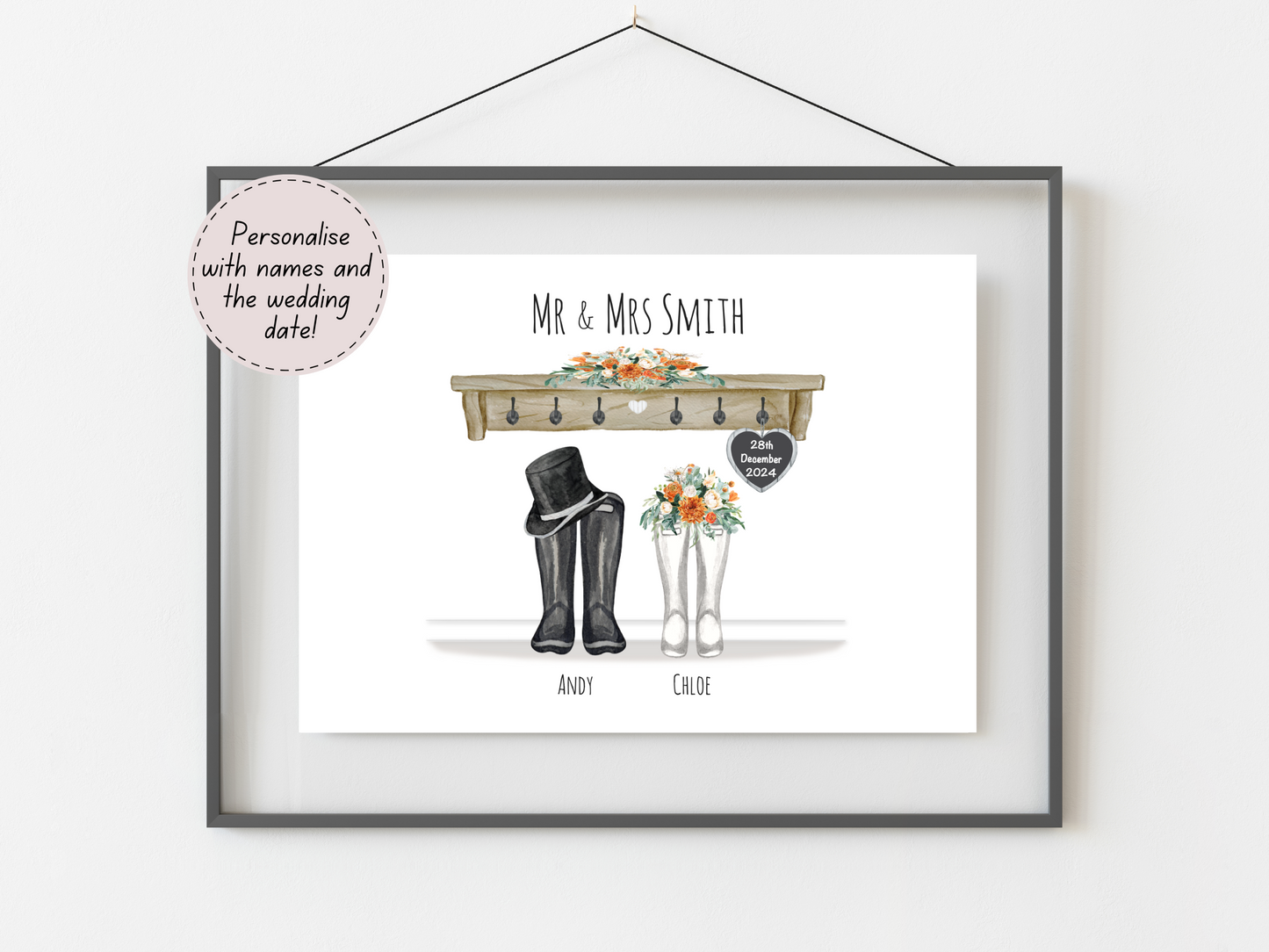 Personalised Wedding Gift | Custom Couple Names & Wedding Date | Orange