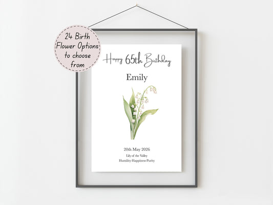 65th Birthday Gift – Birth Flower Print Personalised