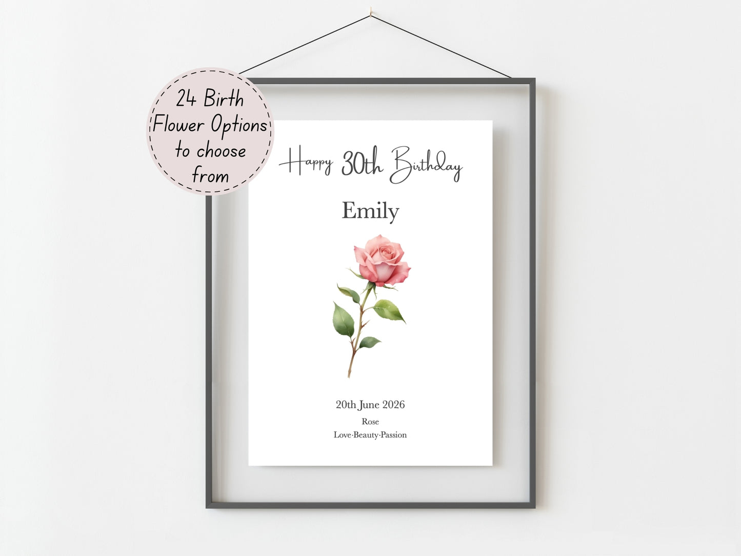 30th Birthday Gift  – Birth Flower Print Personalised