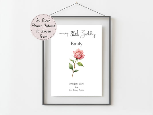 30th Birthday Gift  – Birth Flower Print Personalised