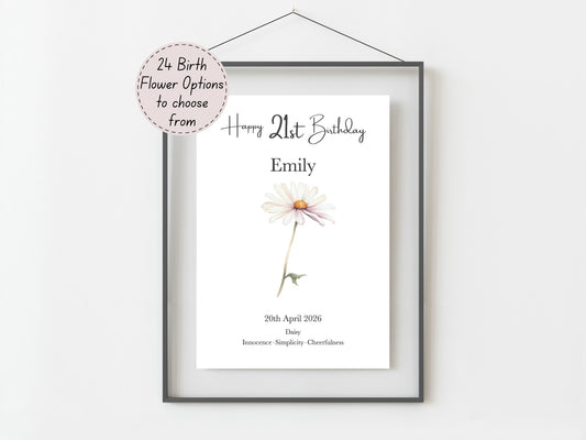 21st Birthday Gift – Birth Flower Print Personalised