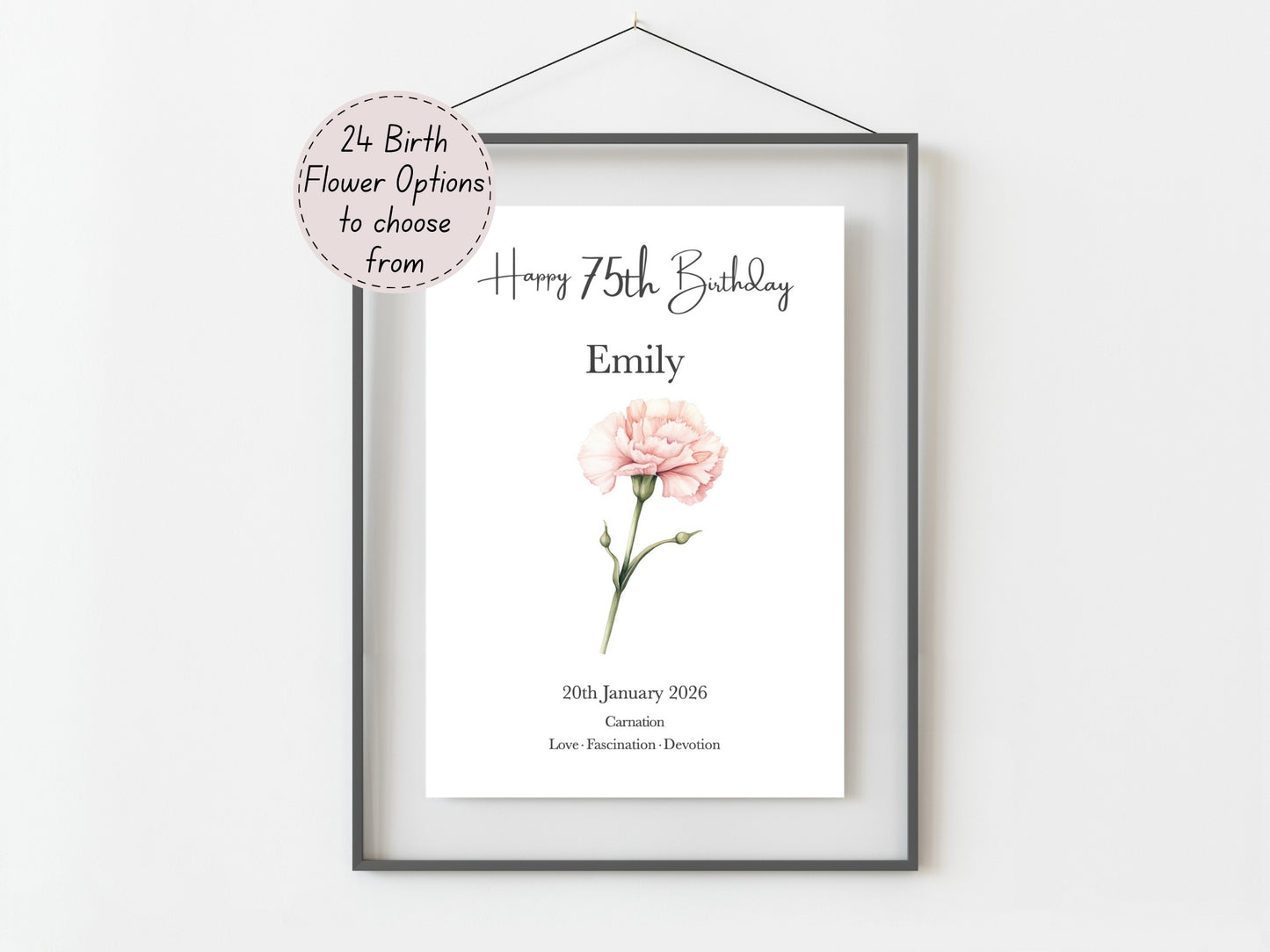 75th Birthday Gift – Birth Flower Print Personalised