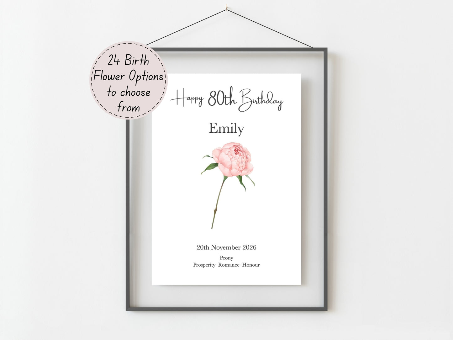 80th Birthday Gift  – Birth Flower Print Personalised