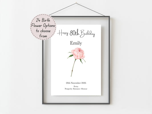 80th Birthday Gift  – Birth Flower Print Personalised