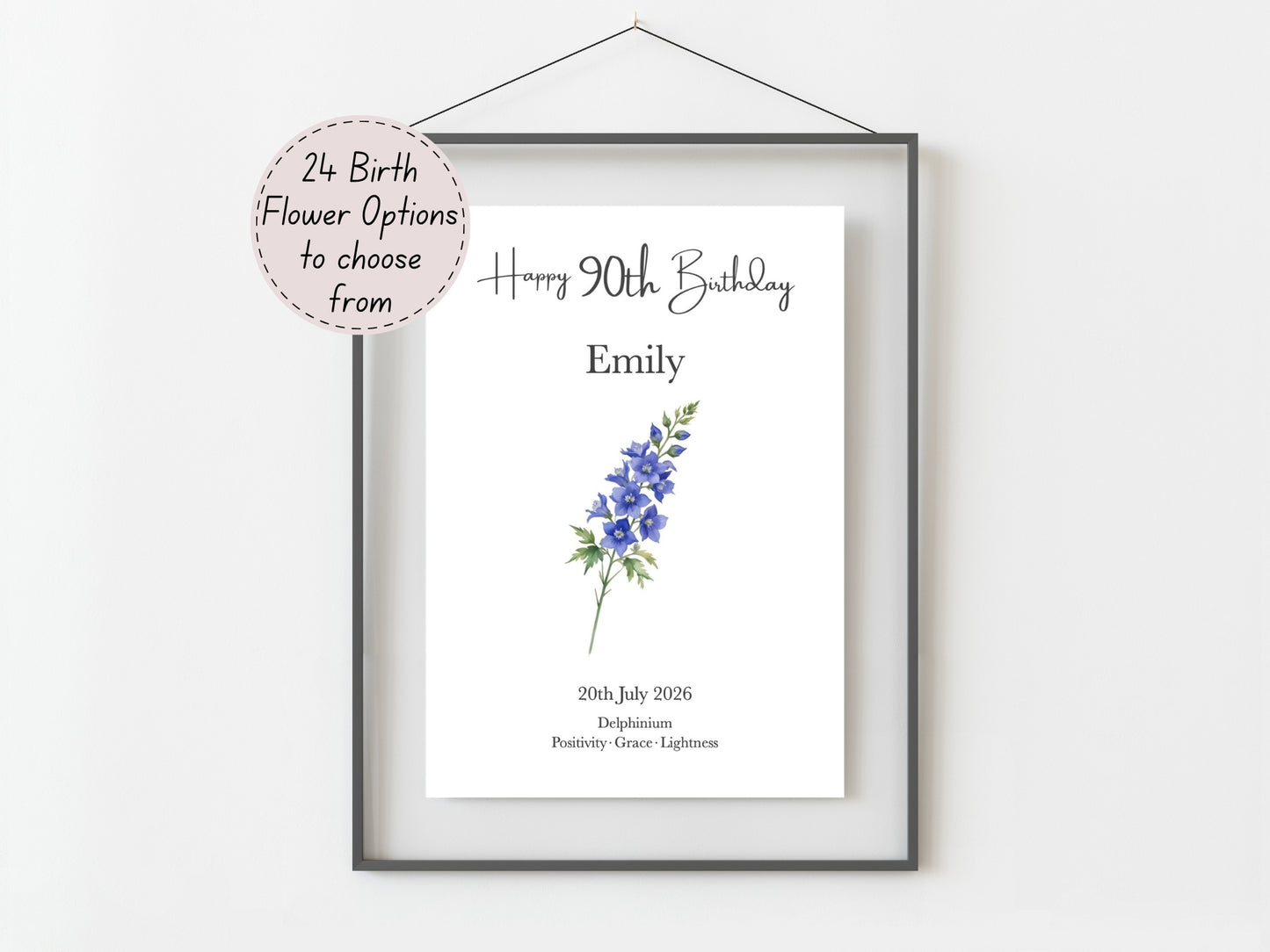90th Birthday Gift – Birth Flower Print Personalised