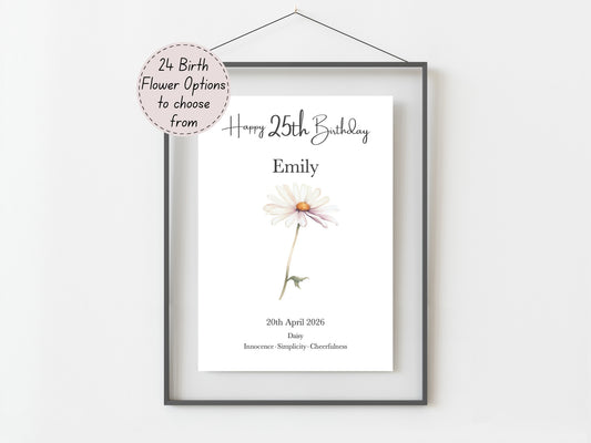25th Birthday Gift – Birth Flower Print Personalised