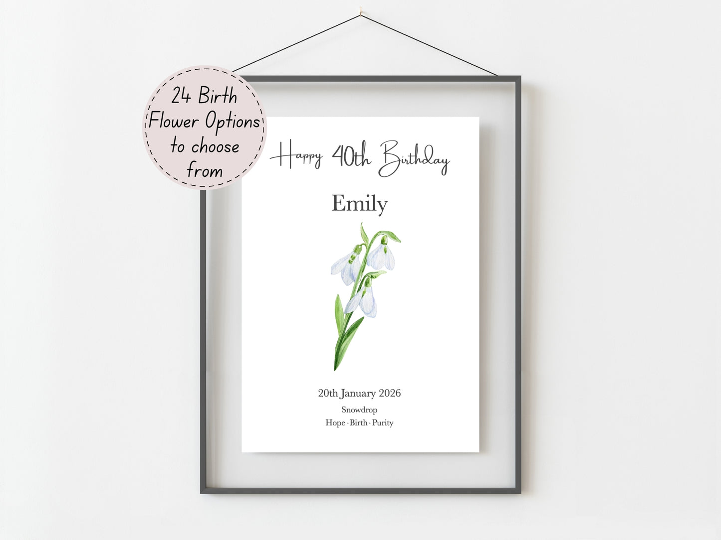 40th Birthday Gift  – Birth Flower Print Personalised