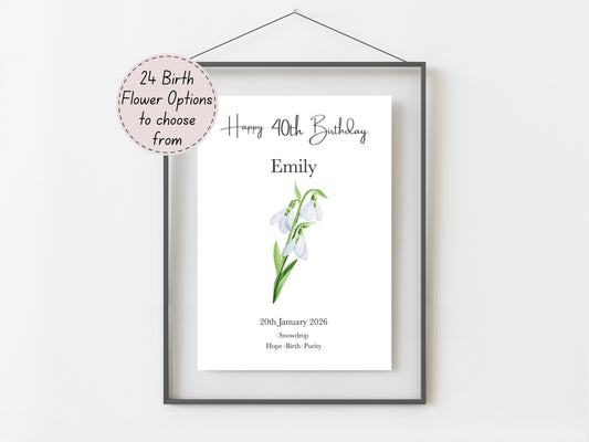 40th Birthday Gift  – Birth Flower Print Personalised