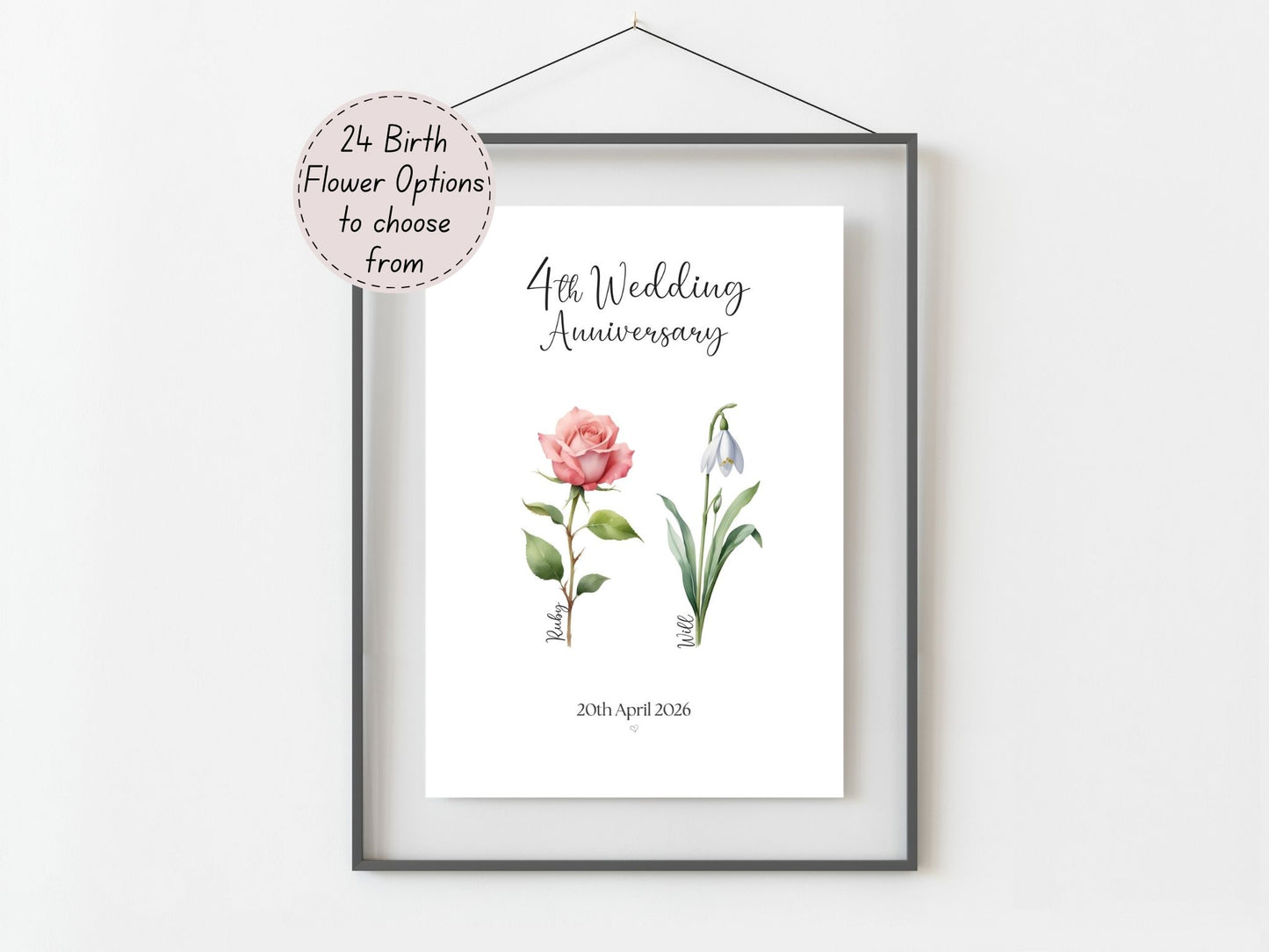 4th Anniversary Gift Personalised Birth Flower Wedding Anniversary Print