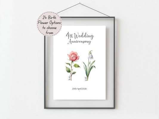 4th Anniversary Gift Personalised Birth Flower Wedding Anniversary Print
