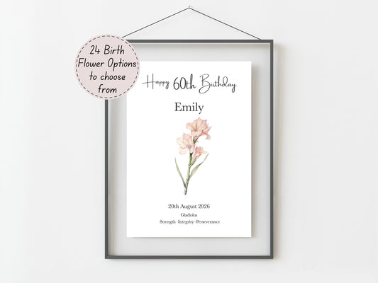 60th Birthday Gift – Birth Flower Print Personalised