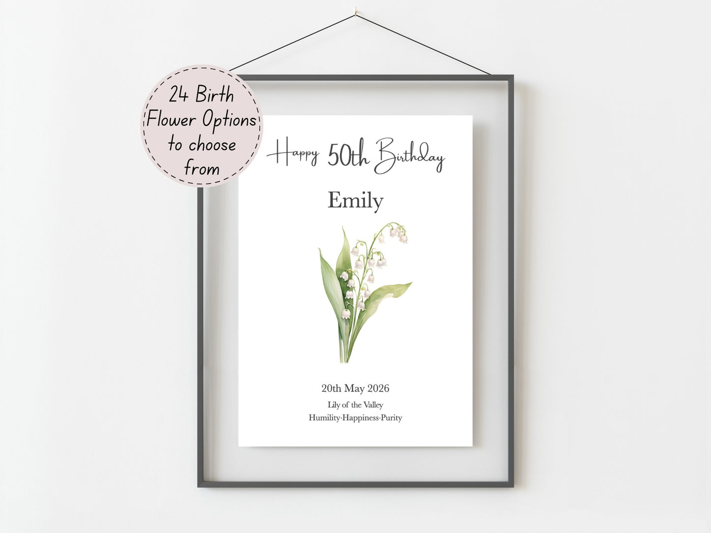 50th Birthday Gift – Birth Flower Print Personalised