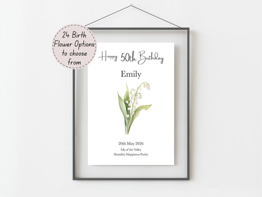 50th Birthday Gift – Birth Flower Print Personalised
