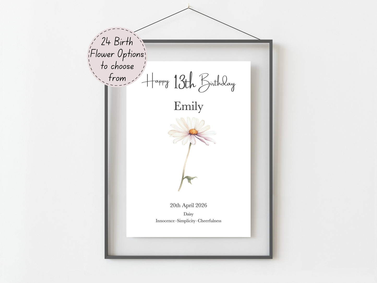 13th Birthday Gift – Birth Flower Print Personalised