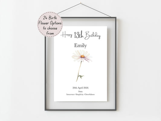 13th Birthday Gift – Birth Flower Print Personalised