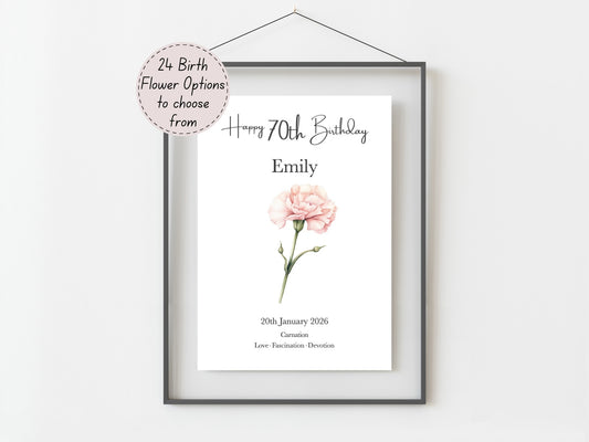 70th Birthday Gift – Birth Flower Print Personalised