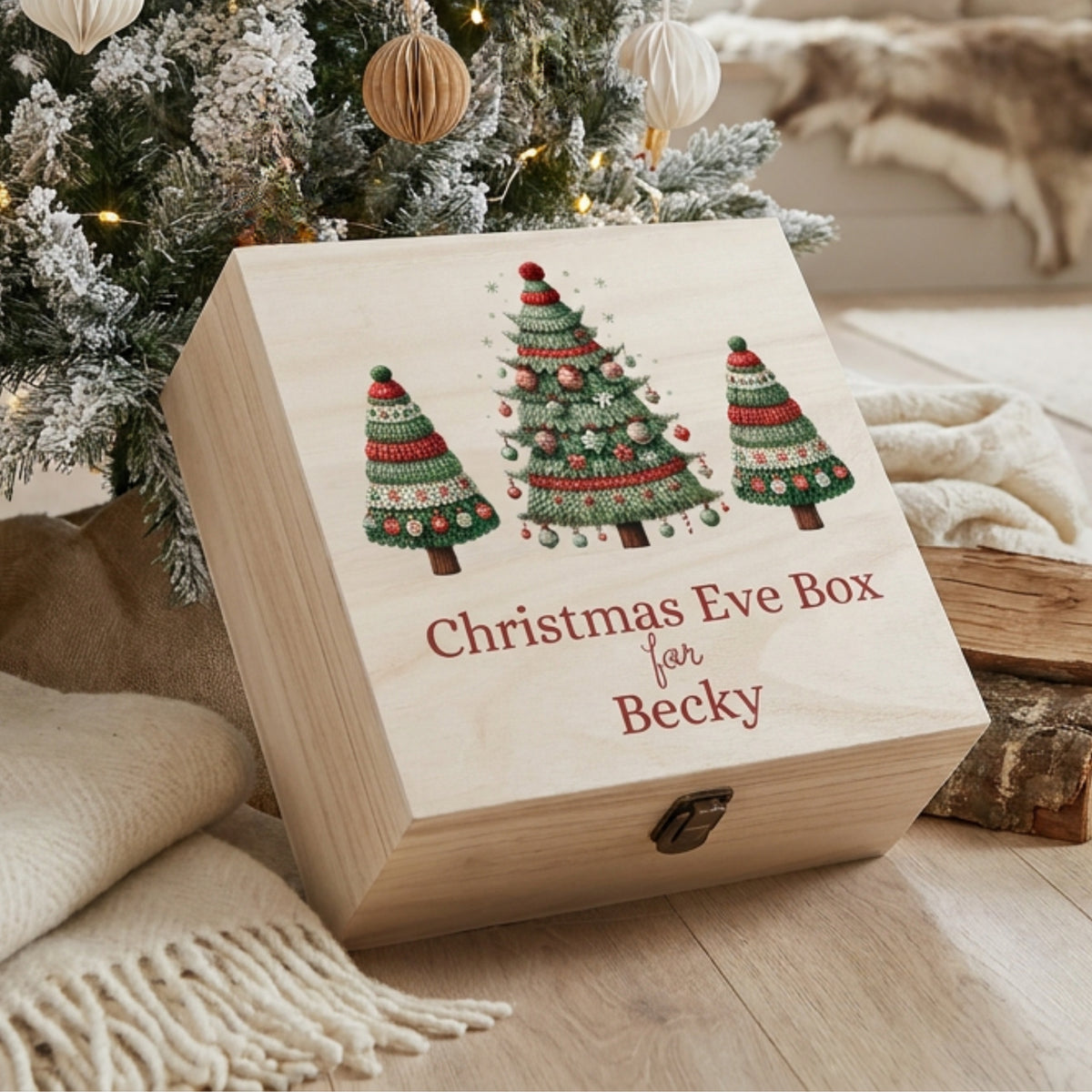 Personalised Christmas Eve Box | Knitted Christmas Trees Design