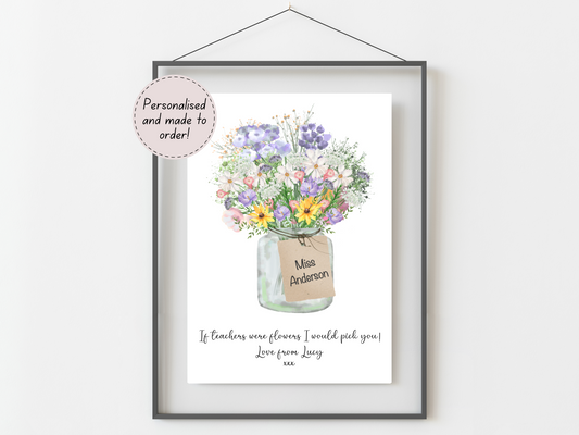 Personalised Teacher Thank You Print with Flower Bouquet | Custom End of Term Gifts from Student | Unique Teacher Appreciation Gift