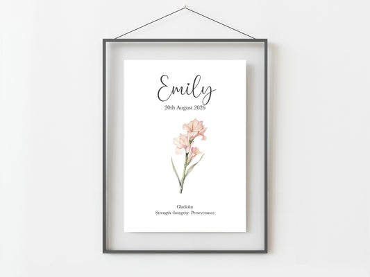 August Birthday Gift Personalised Birth Flower Print