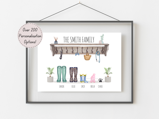 Family Gift Ideas - Custom Welly Boot Print With Names & Pets