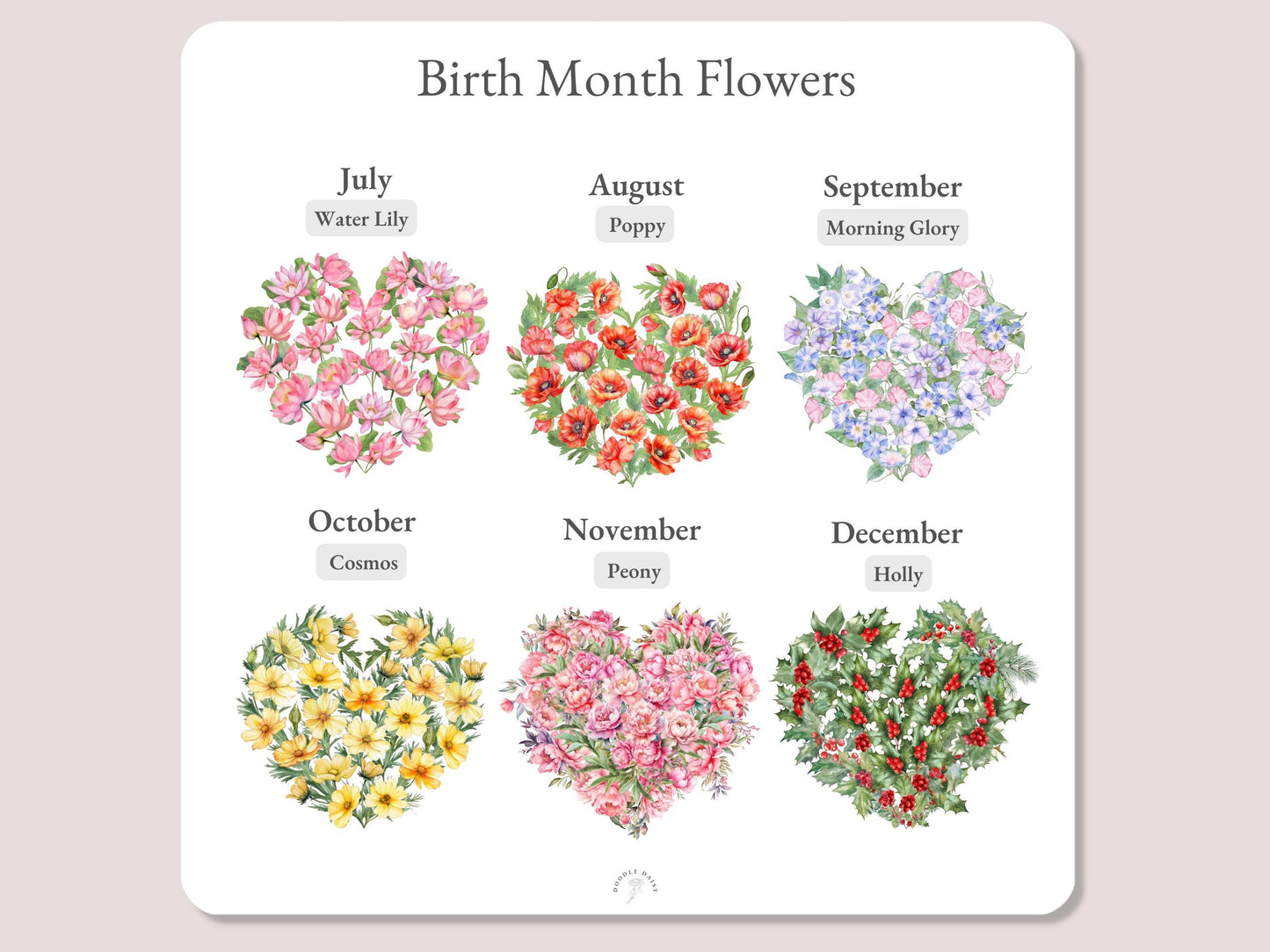Family Print Personalised With Birth Month Floral Heart And Names, Whole Family Gifts, Custom Birth Flower Name Picture, A4 or Digital PDF