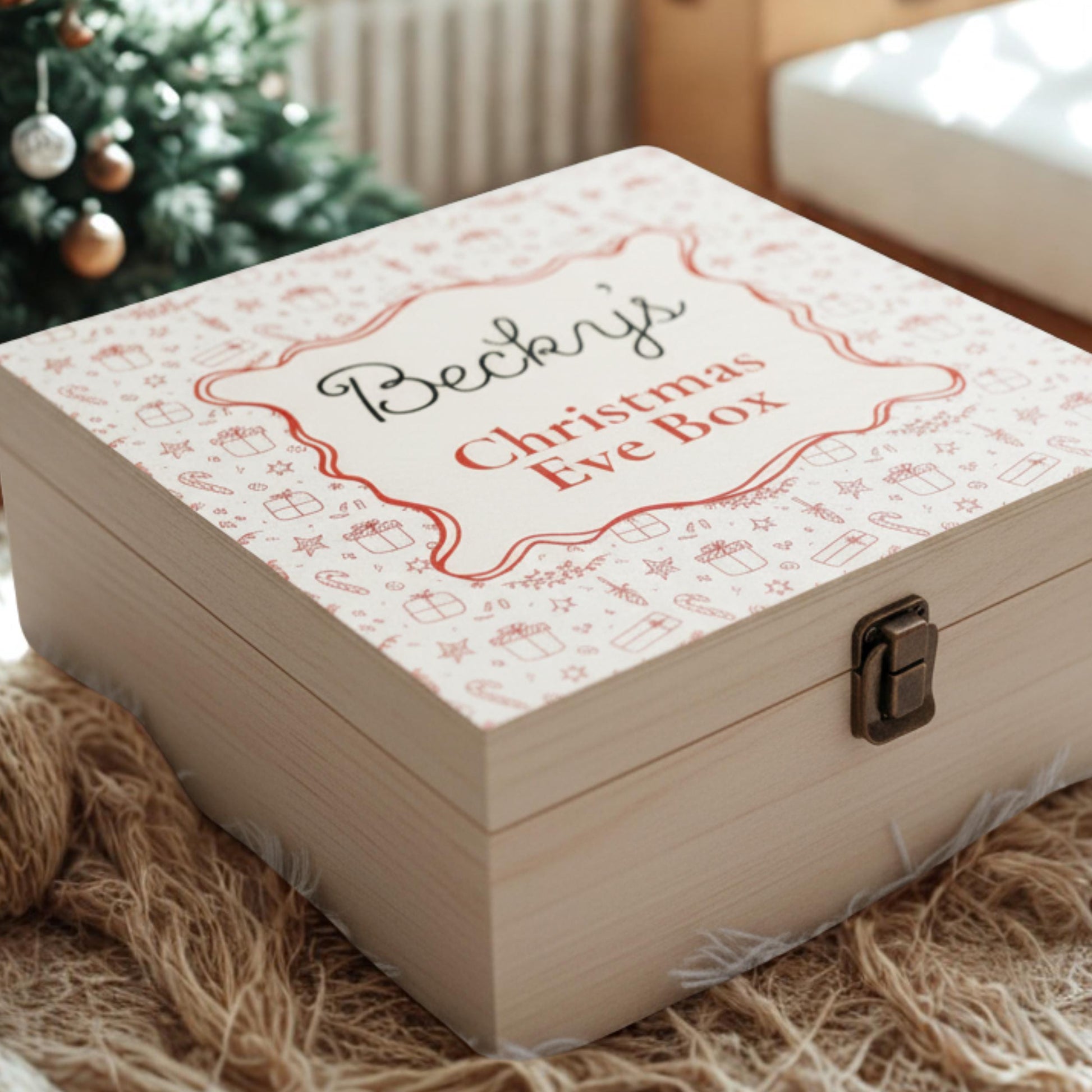 Personalised Wooden Christmas Eve Box – Printed Name Keepsake Box