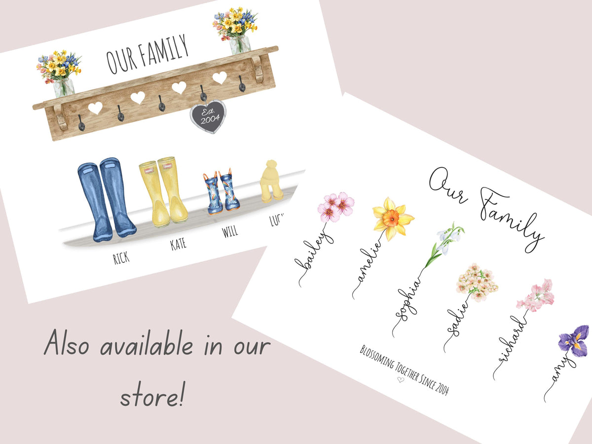 Birth Flower Bouquet, Personalised Family Print, Custom Family Portrait Watercolour Illustration, A4 A5 Digital PDF
