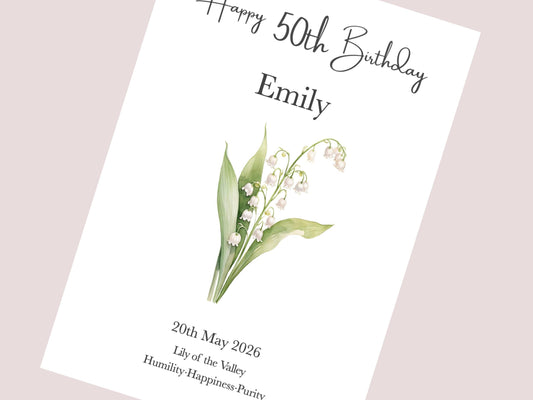 50th Birthday Gift Birth Flower Print For Her Personalised | Watercolour Illustration | A4, A5, Digital PDF