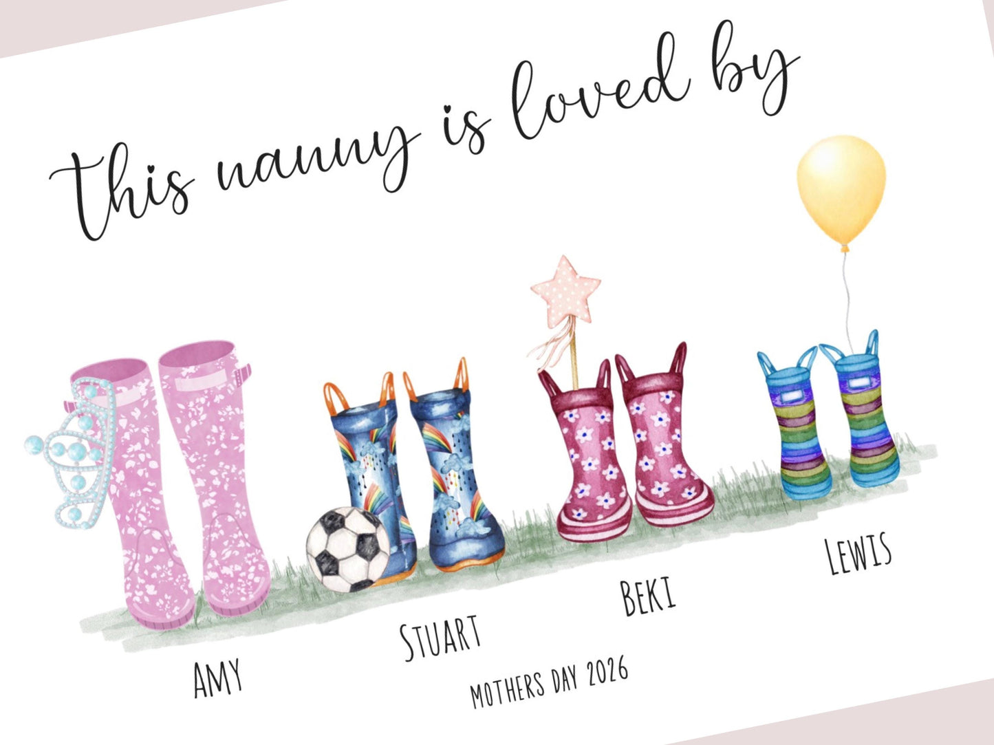 Mothers Day Gift For Nanny, Personalised Welly Boot Print, Mother's Day Presents Grandma, A4, A5, Digital PDF