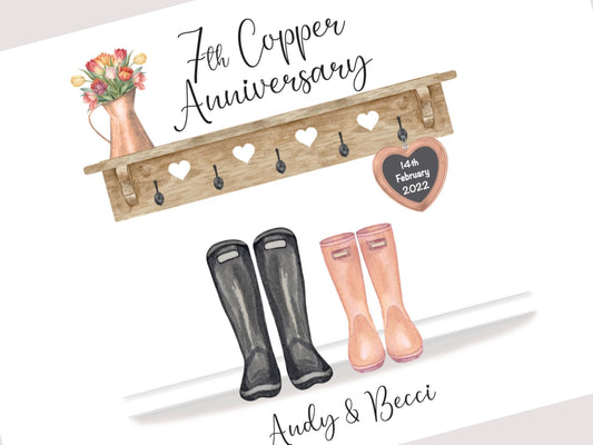 7th Anniversary Gift, 7 Year Copper Anniversary Personalised Welly Boot Print, A4, A5, Digital PDF