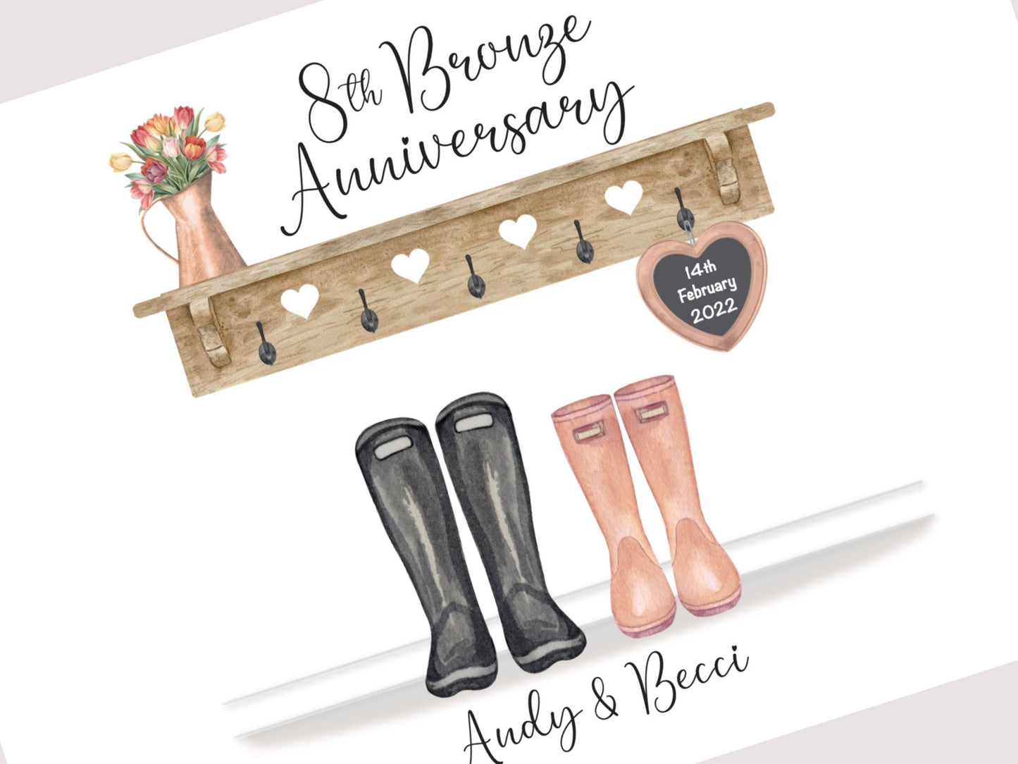 8th Anniversary Gift, 8 Year Bronze Anniversary Personalised Welly Boot Print, Traditional 8th Anniversary Gift, A4, A5, Digital PDF