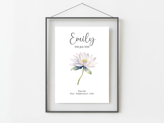 July Birthday Gift, Personalised July Birth Month Flower Print, Larkspur or Water Lily Wall Art, A4, A5, PDF